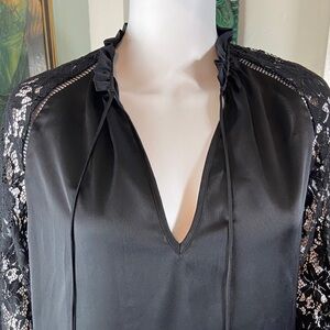 Guess Black Satin Tie Peasant Blouse Lace Sleeves Large L Romantic shirt top